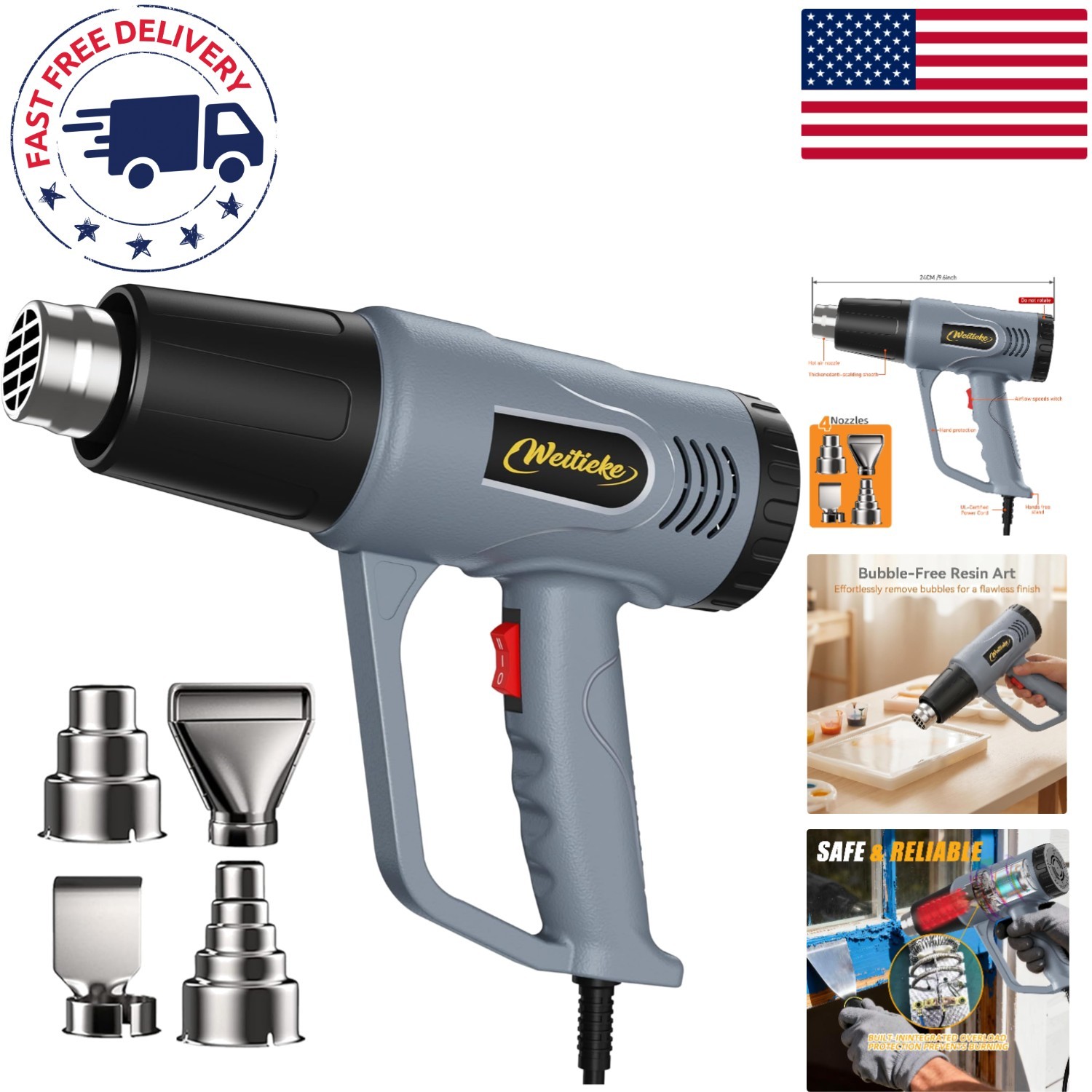 Compact Heat Gun with 5FT Cable, 4 Nozzles & Dual Temperature Control for Crafts