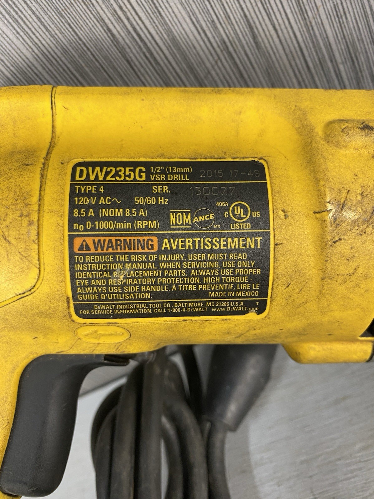 DEWALT DW235G 1/2 Keyed Chuck Corded 120V Drill Variable Speed VSR 8.5A 1000 RPM