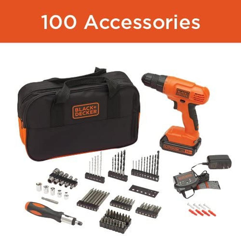 20V Cordless Drill Driver Kit with 100 Pc. Tool Set, Battery and Charger Include