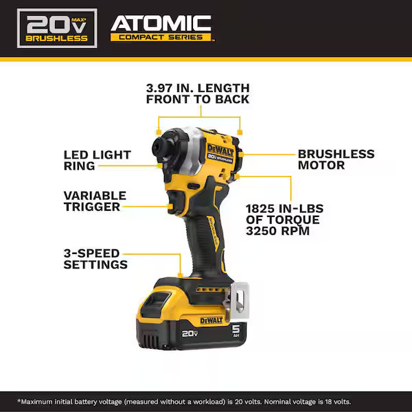 ATOMIC 20V MAX Lithium-Ion Cordless 1/4 in. Brushless Impact Driver Kit, 5 Ah Ba