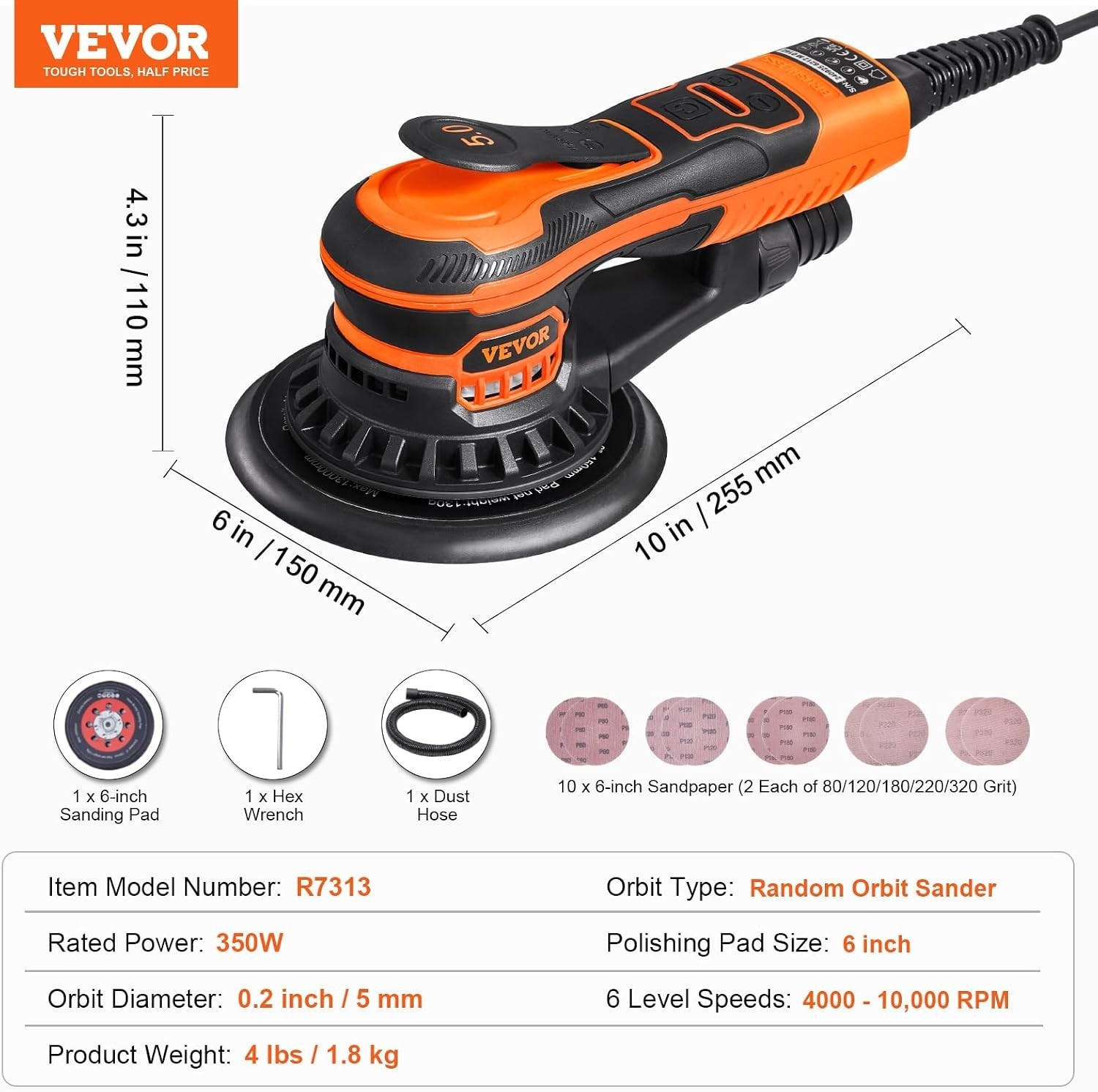 Efficient 6-Inch Brushless Palm Sander with 10-Speed Settings & Safety Features