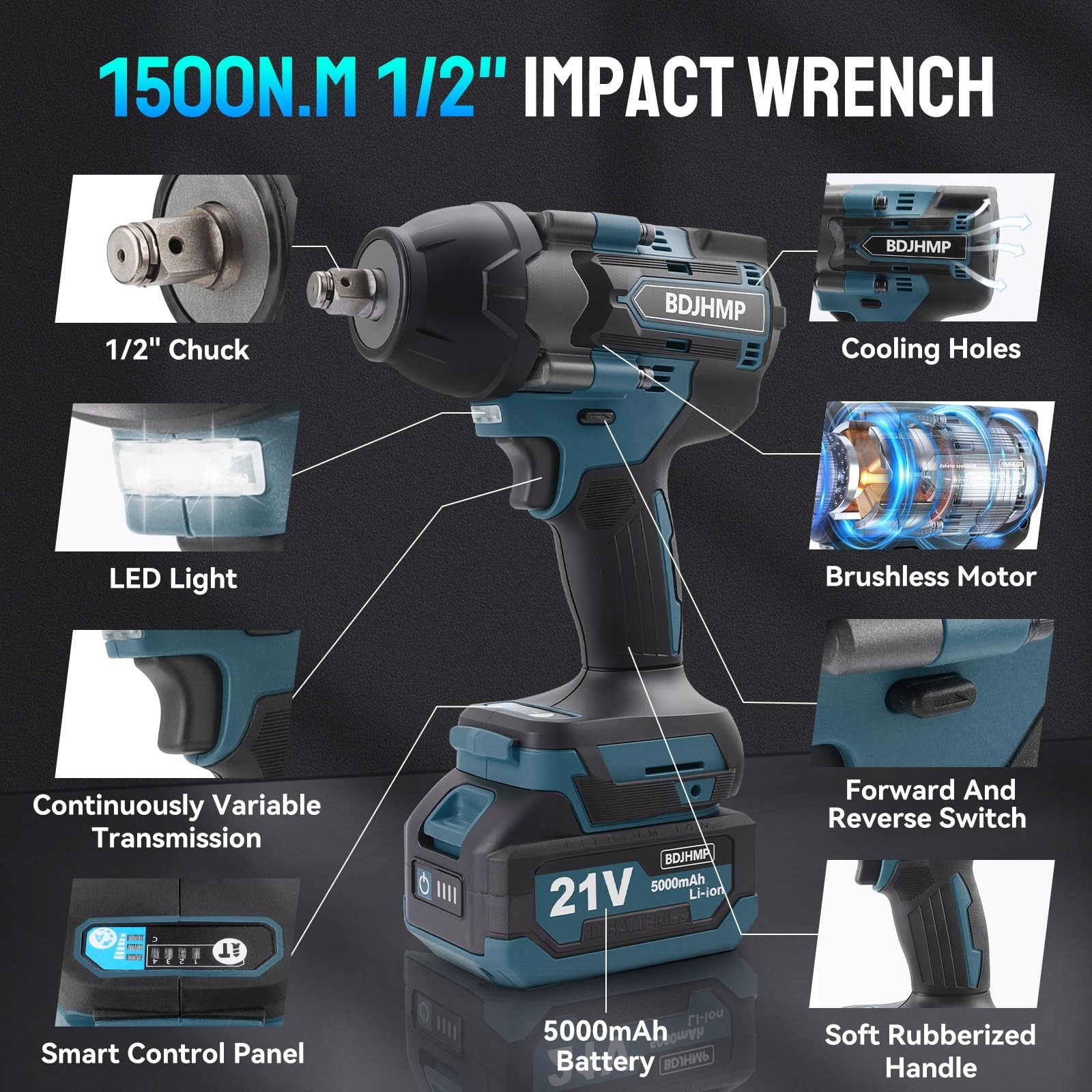 Cordless Impact Wrench 1/2 Inch, 1500 N.m/1106ft-lbs Blue With Battery