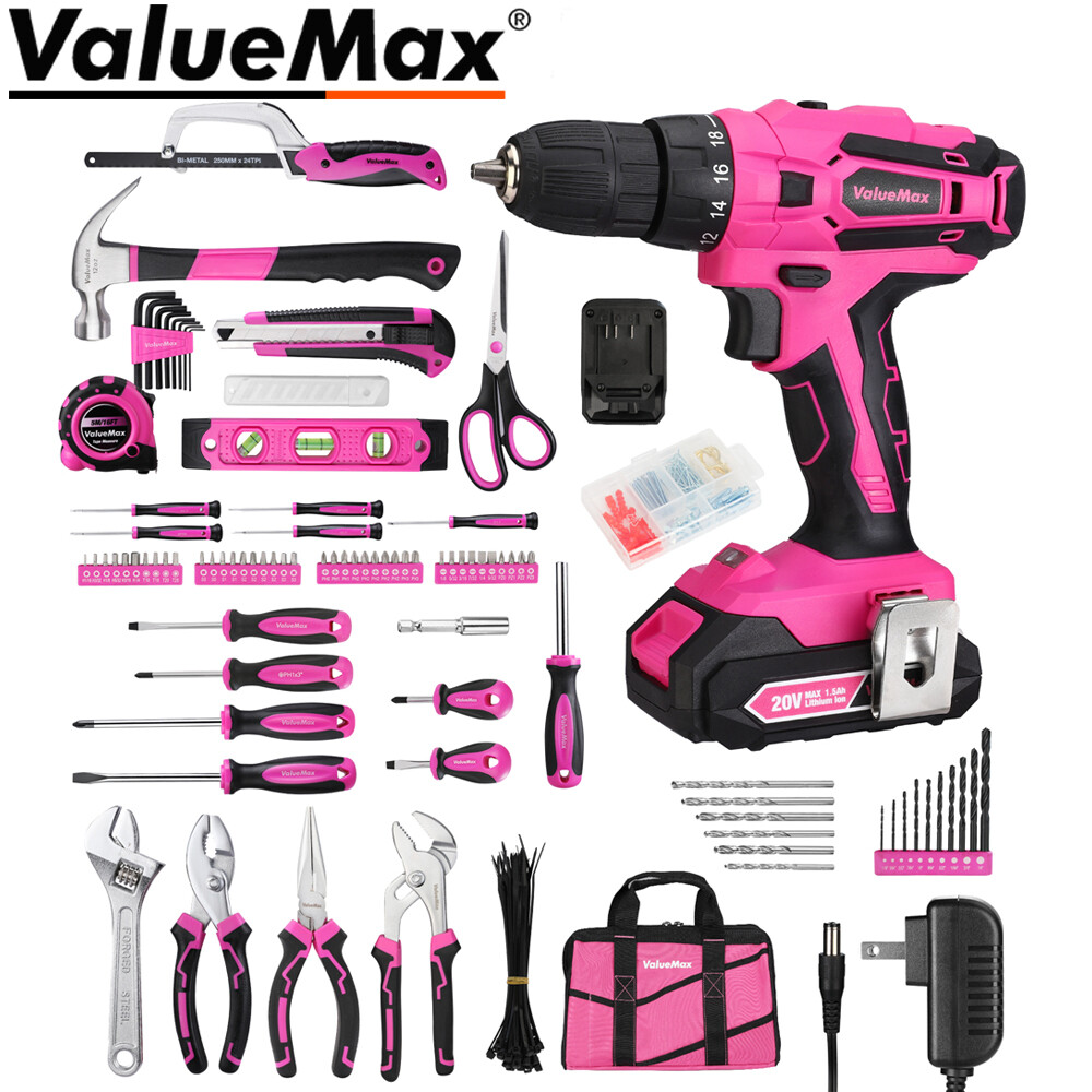 ValueMax 238PC Pink Tool Set Home Tool Kit 20V Cordless Drill Tool Set Drill Set