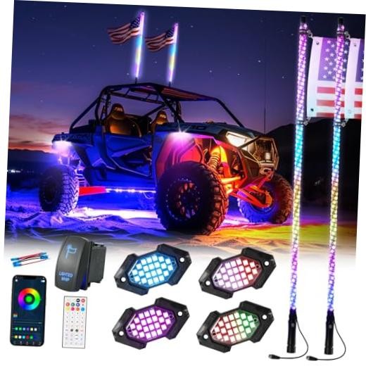 2PCS 4FT Whip Light and 4PCS Rock Light Combo Kit 4FT 2Pcs +4Pcs Rock Lights