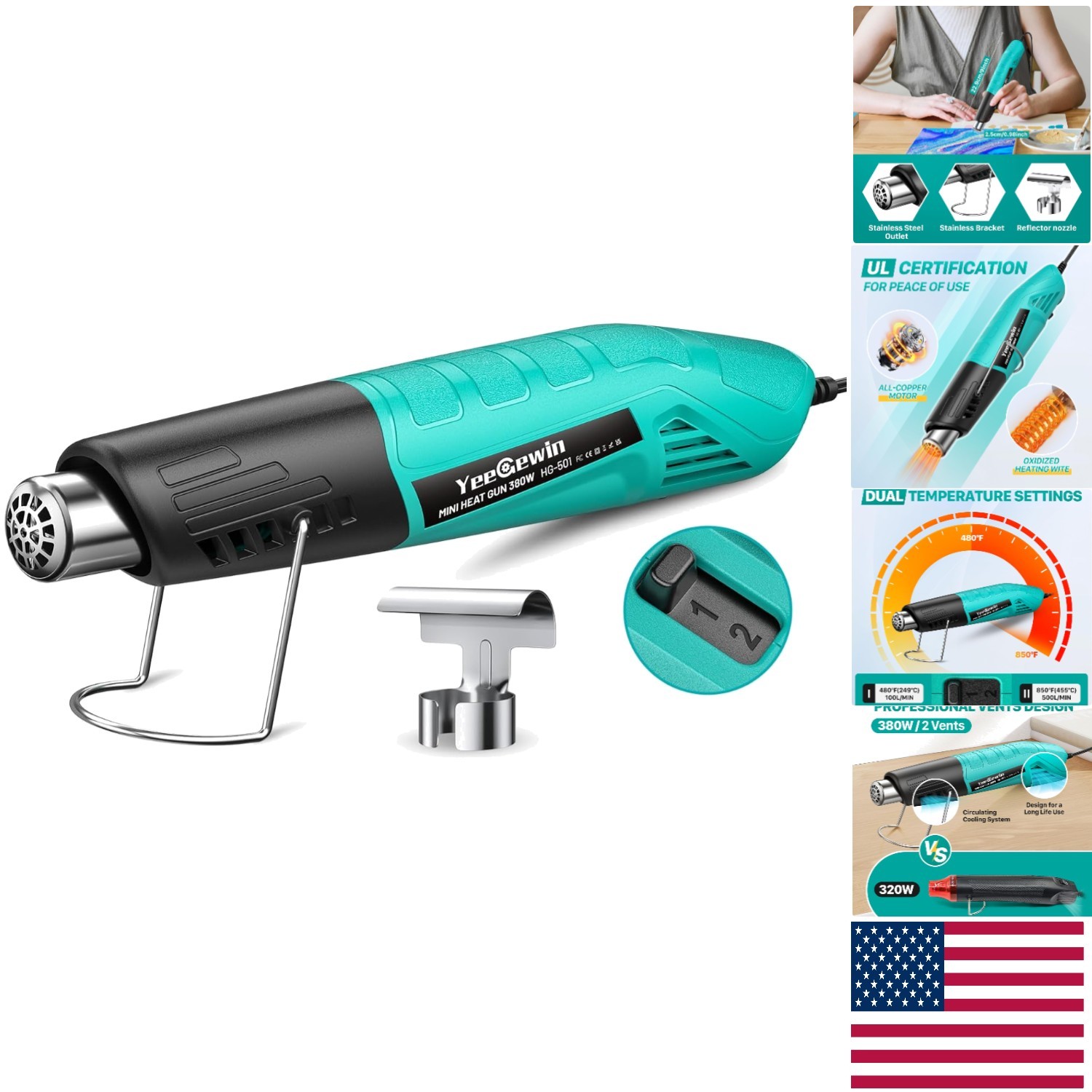 Powerful 380W Heat Gun with Dual Settings & Safety Features – Ideal for Crafts