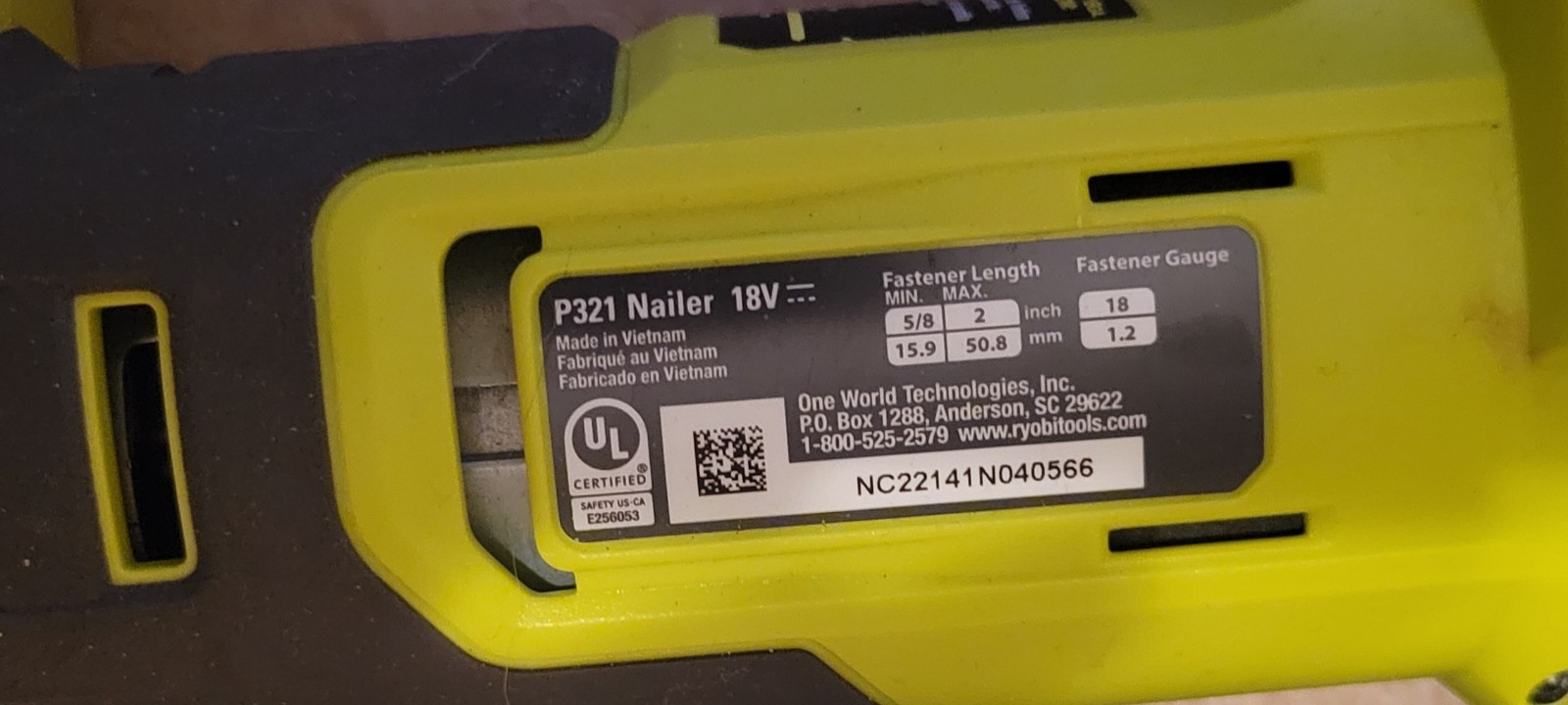 Ryobi AirStrike P321 Brad Nailer 18V 18AWG 5/8&Prime;MIN-2&Prime;MAX