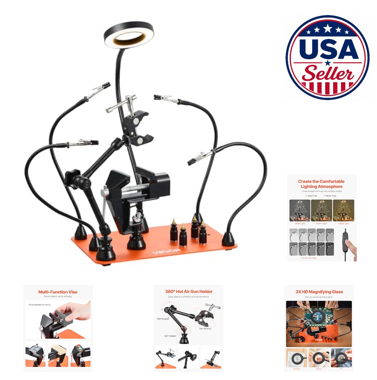 Magnetic Helping Hands Soldering Station 4 Arms 3X LED Magnifying Lamp Vise PCB
