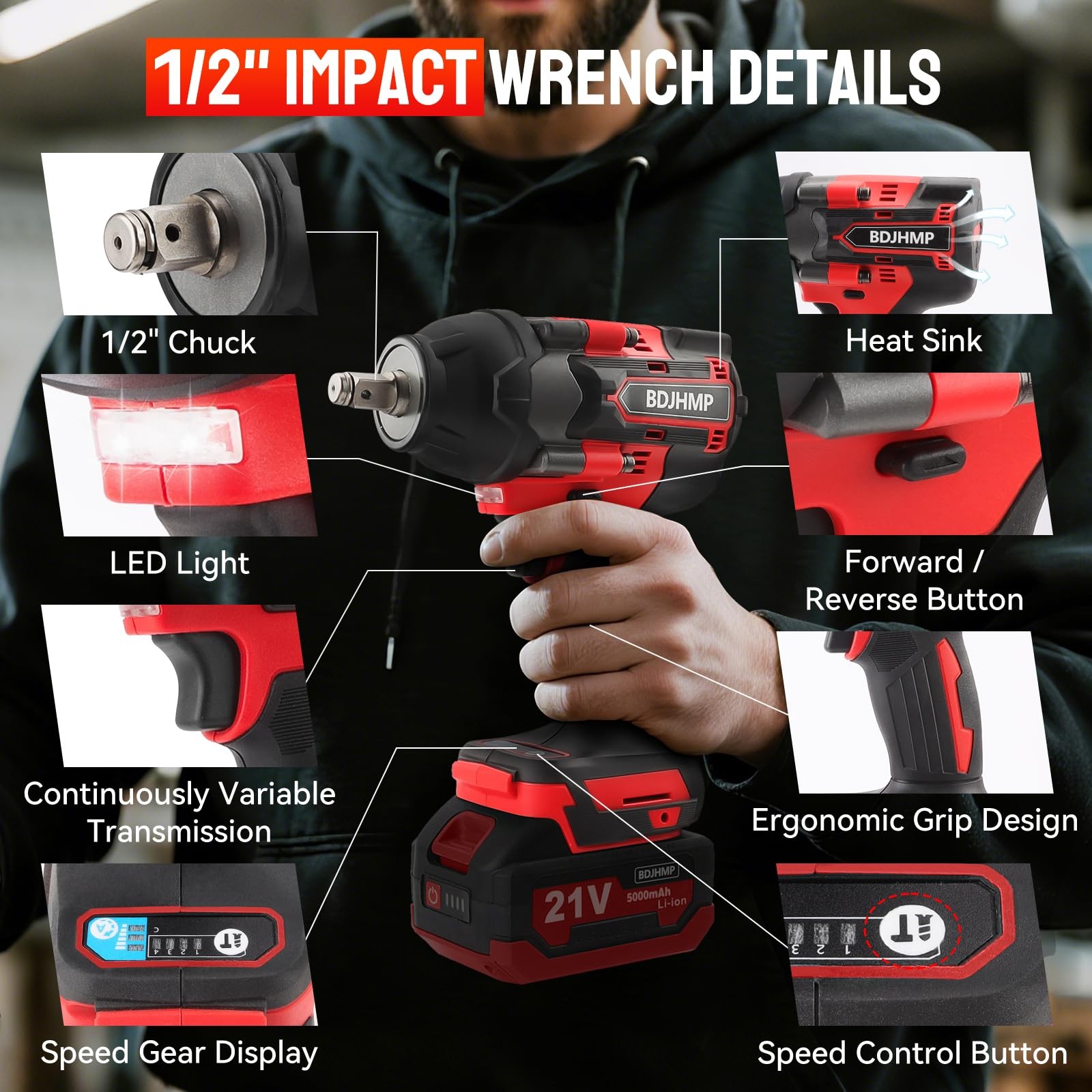 Brushless 1/2 Inch Cordless Impact Wrench, 1500 N.m High Torque Impact Gun 30…
