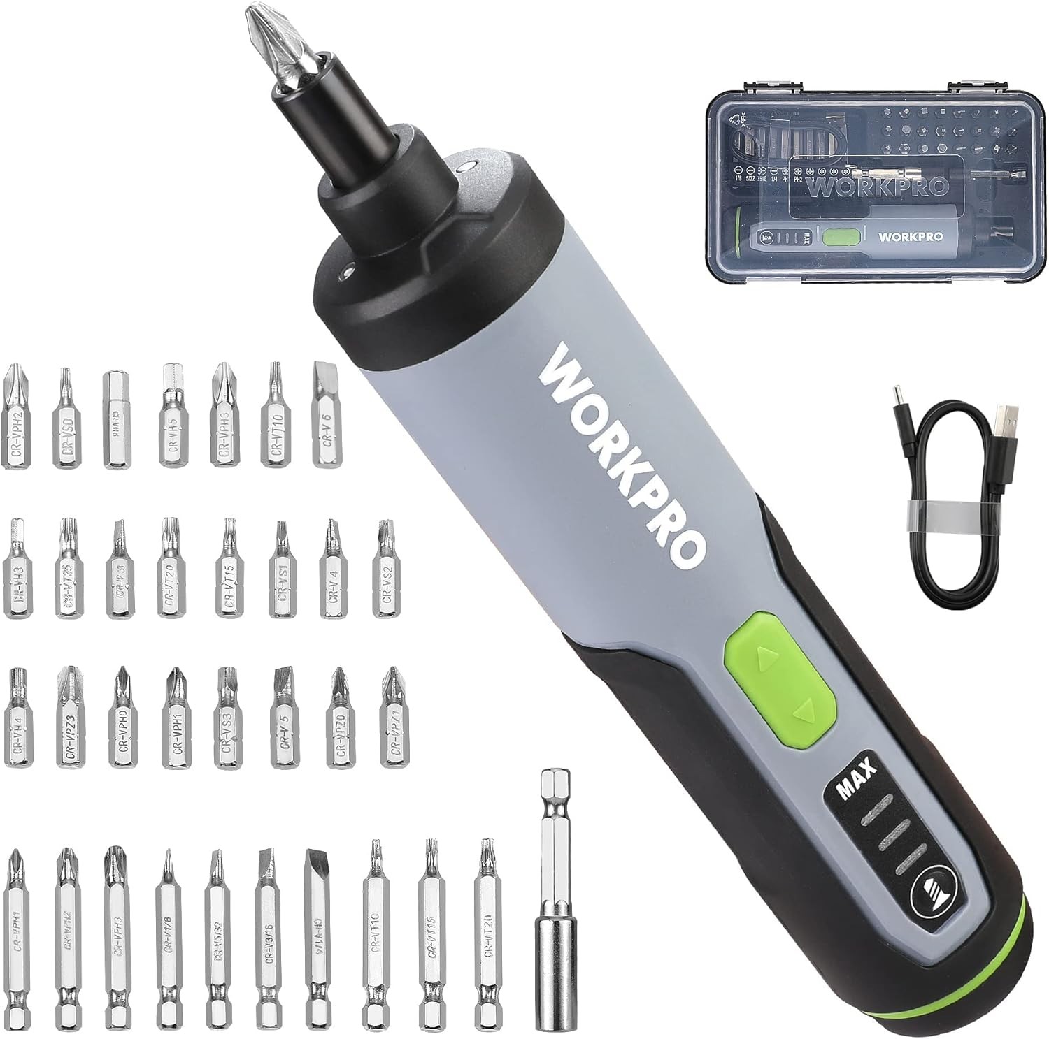 WORKPRO 4V Electric Screwdriver, Rechargeable Cordless Screwdriver Set w/35 Bits