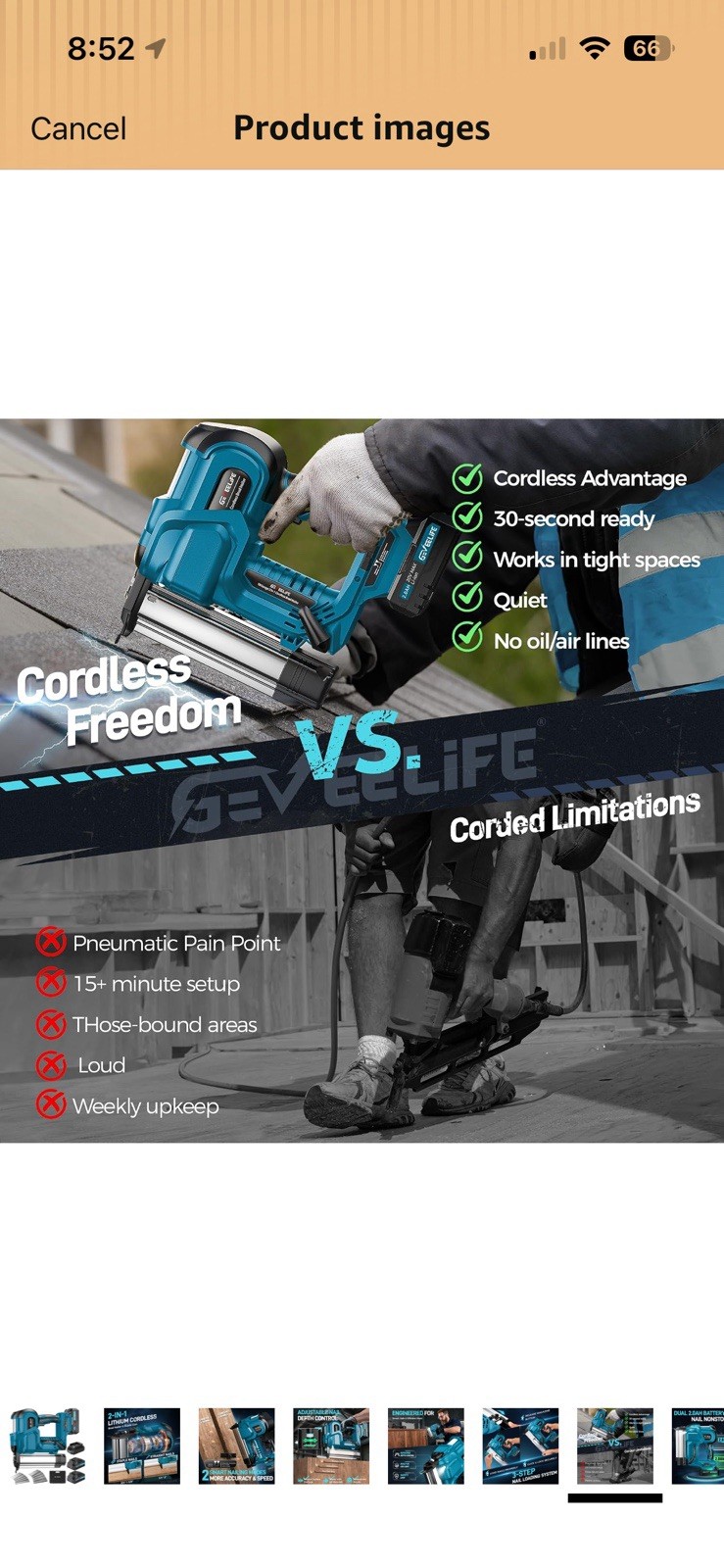 GEVELLIFE 20V MAX Cordless 2” 18ga Brad Nailer 2x 2.0Ah Li-Ion 2112