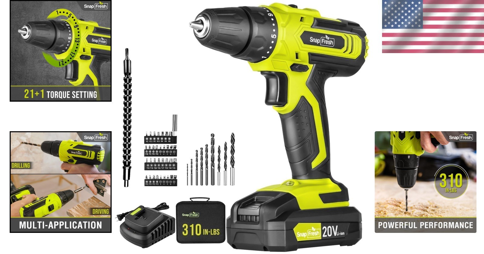 Snapfresh 20V Cordless Drill & Driver Kit, 43pcs Bits