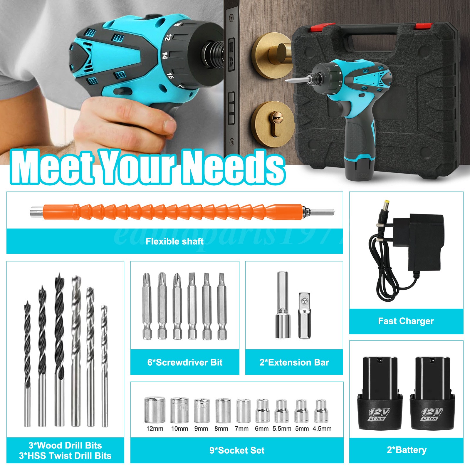 12V Cordless Screwdriver,180N.m Brushless Electric Hammer Drill with 2 Batteries