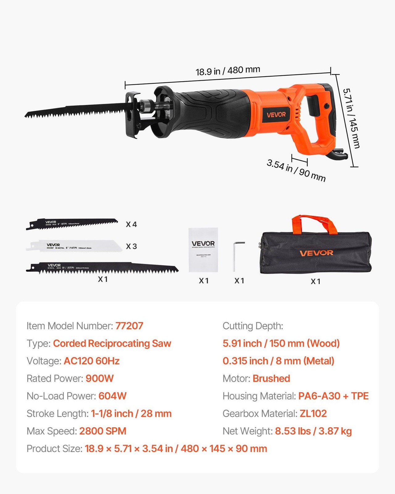 7.5A 120V 2800SPM Reciprocating Saw with 1-1/8in Stroke Durable Design