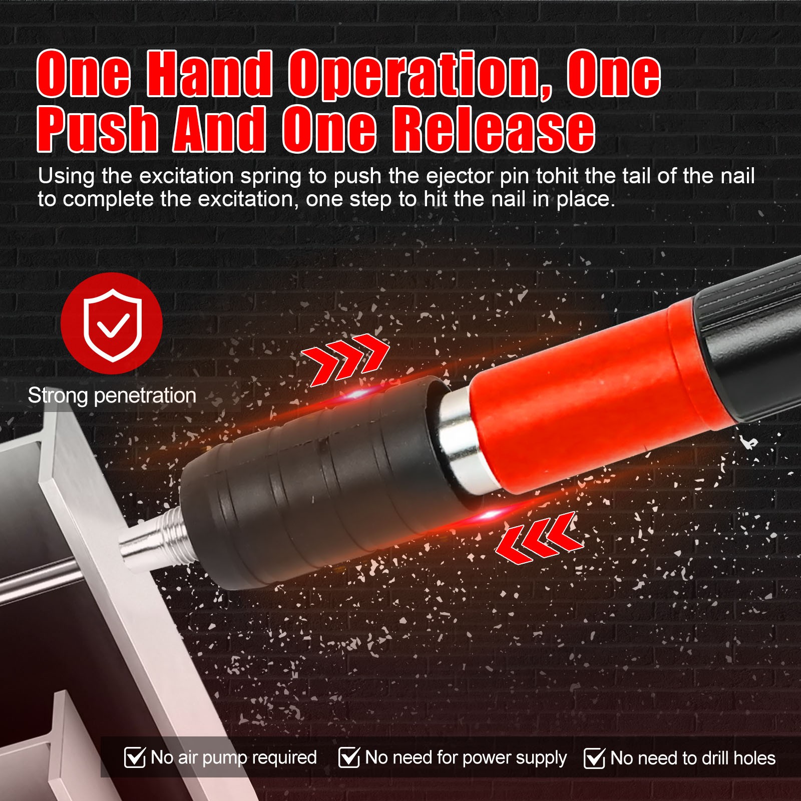 RED Concrete Nail Gun Kit with 50pcs Nails, 5 Speed Adjustable Manual Steel Nail