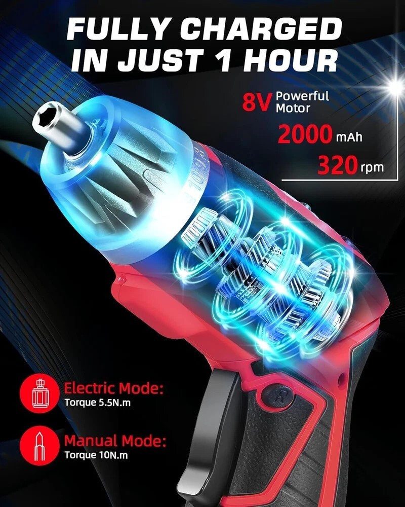 Cordless Electric Screwdriver Set, 8V Max 10Nm Rechargeable Power Electric Drill