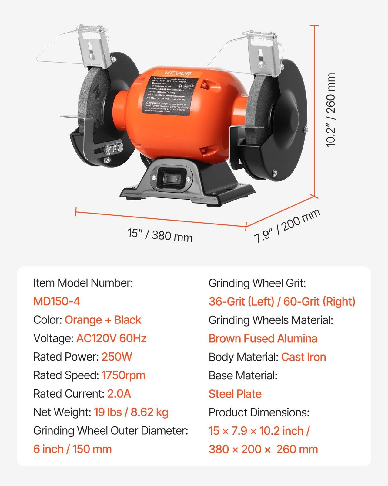 6-Inch Bench Grinder 1750RPM w/36&60-Grit Alumina Wheels, Tool Rest, Eye Shield