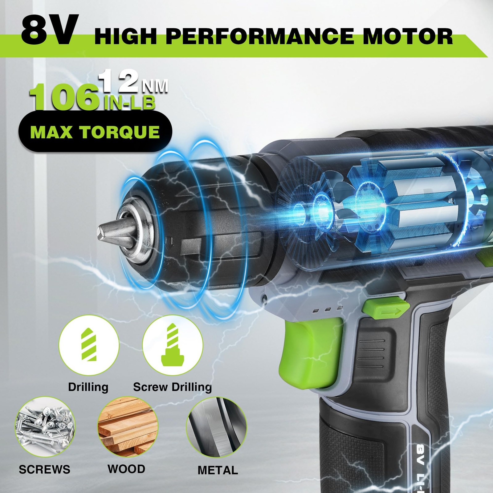 Cordless Power Drill Set, 8V Cordless Drill Driver Set with 53pcs Bits, 2.0Ah El