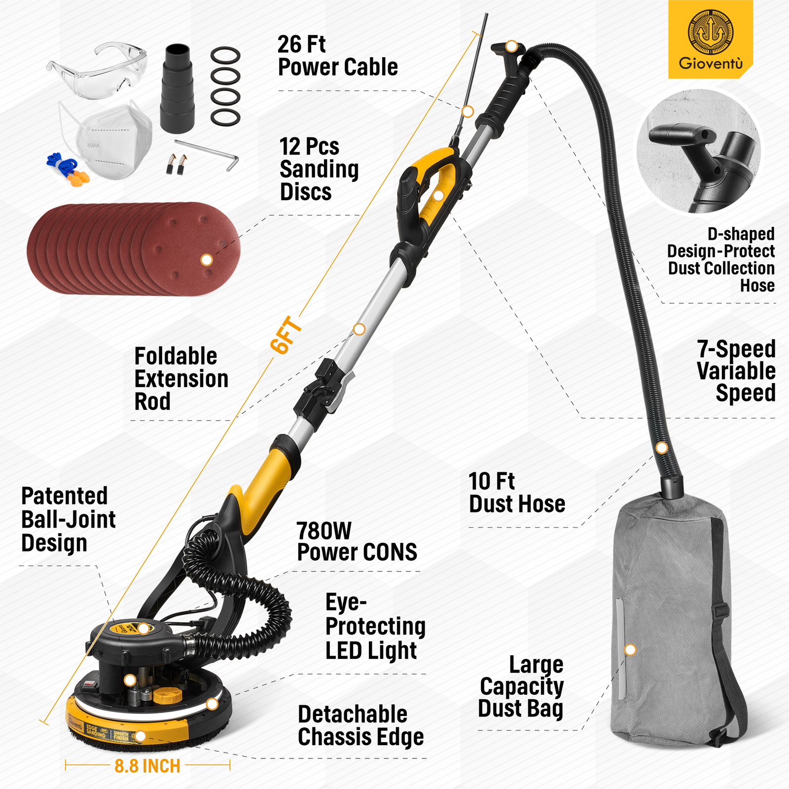 Drywall Sander 780W Powerful Electric Dustless Wall Sander+Vacuum Attachment Kit