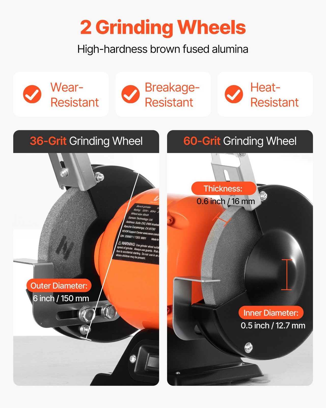 Single-Speed 6&Prime; Bench Grinder: 250W Induction Motor, Cast Iron Body, 1750 RPM
