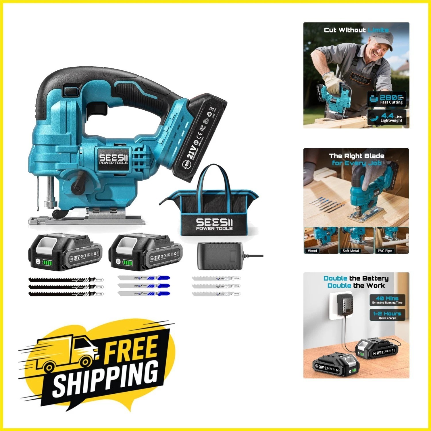 Lightweight Cordless Jigsaw with LED Light & Quick Change Blades – Complete Set