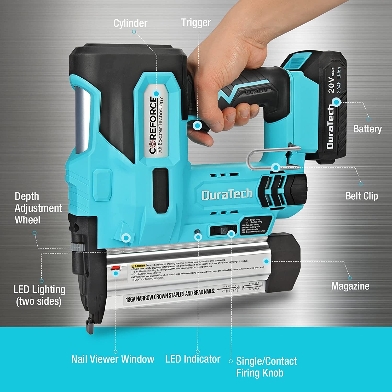 DURATECH 2-IN-1 Cordless Brad Nailer 18 GA Nail/Staple Gun with 1000PCS Staples