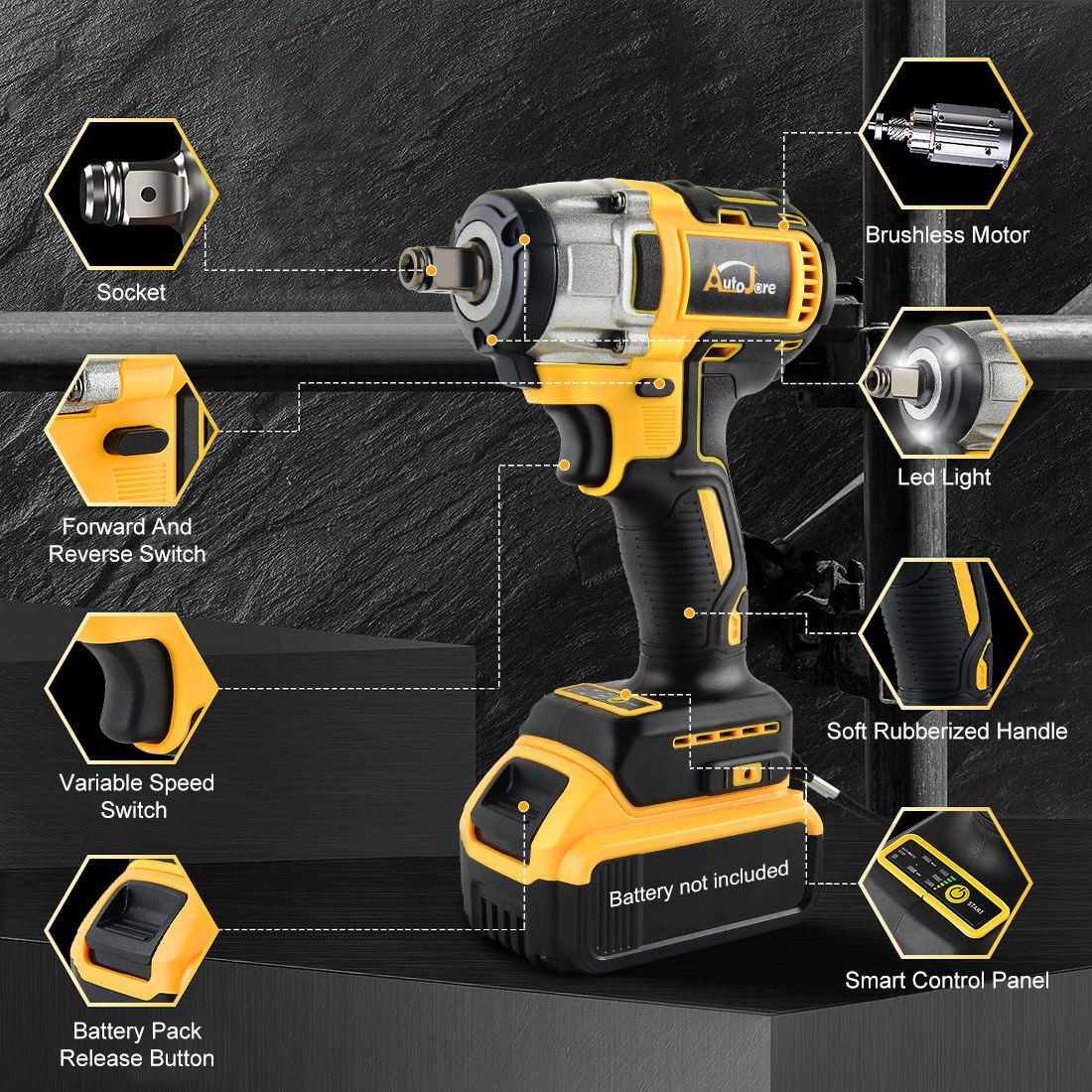 1/2&Prime; Brushless Cordless Impact Wrench for Dewalt 20V Max Battery (Tool Only)