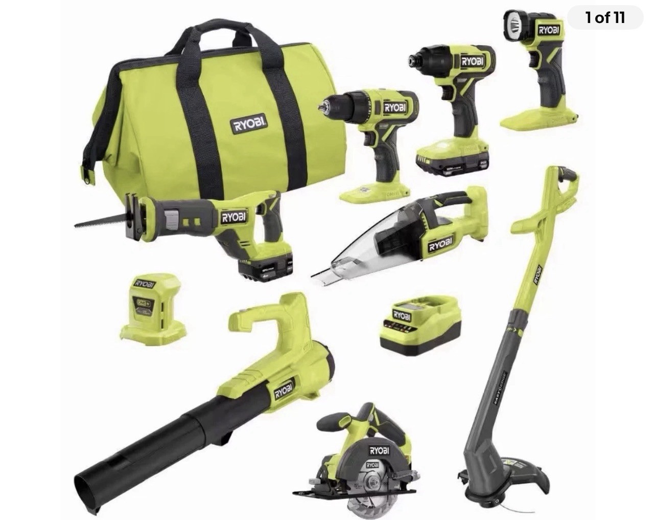 Ryobi ONE+ 18V 9-Tool Combo Kit with 1.5Ah, 4Ah Battery, Charger, and Tool Bag