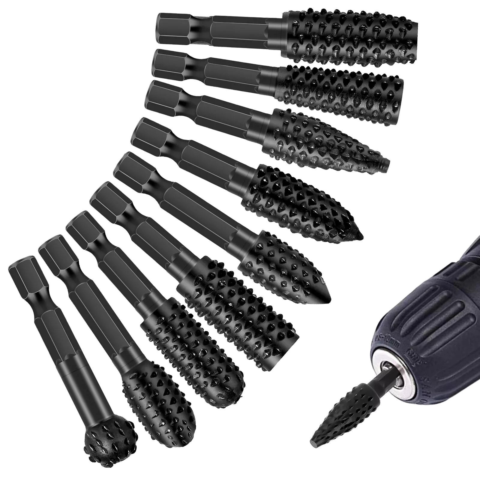 10x 1/4in Shank Steel Rotary Burr File Rasp Drill Bits Tool For Wood Carving