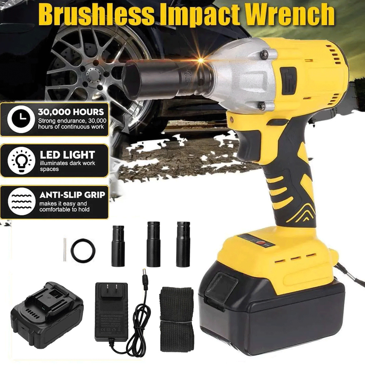 500Nm 1/2 » 21V Electric Impact Wrench Cordless Brushless Nut Gun With 1XBattery