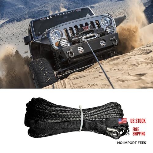 1/4 » x 50 Ft Car Synthetic Winch Rope Kit, 10,000LBs Winch Cable Line Black
