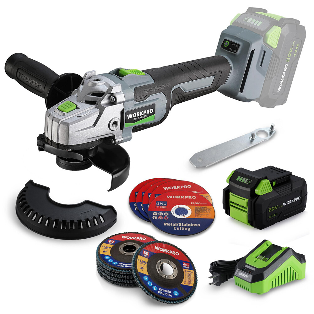 WORKPRO Brushless Motor 20V Cordless Angle Grinder Kits 4.0A Battery 4-1/2&Prime; Disc