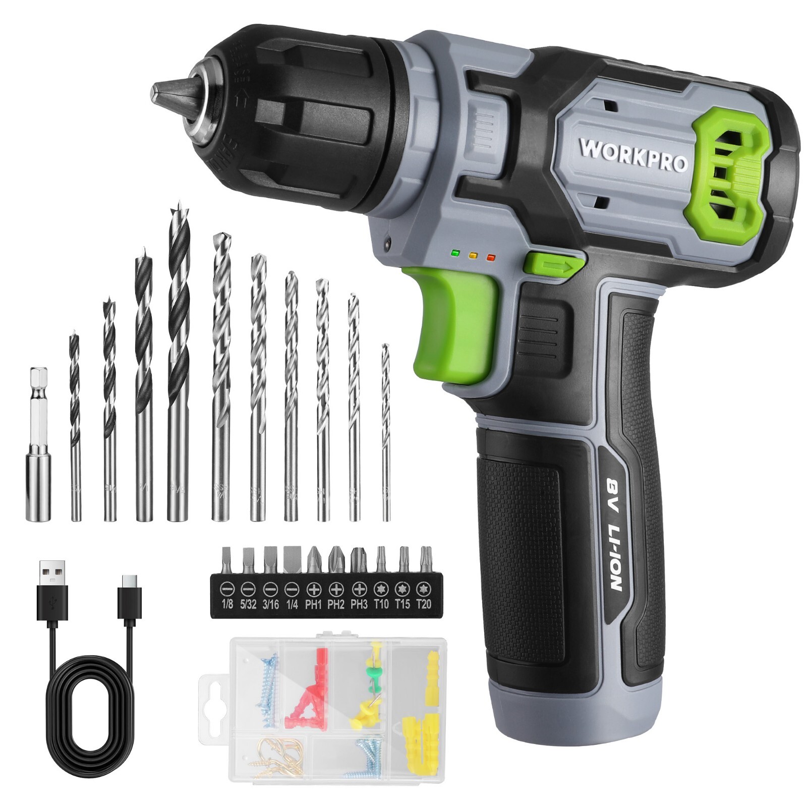 WORKPRO Cordless Power Drill Set 8V w/53pcs Bit Set 3/8&Prime; Keyless Chuck Grey