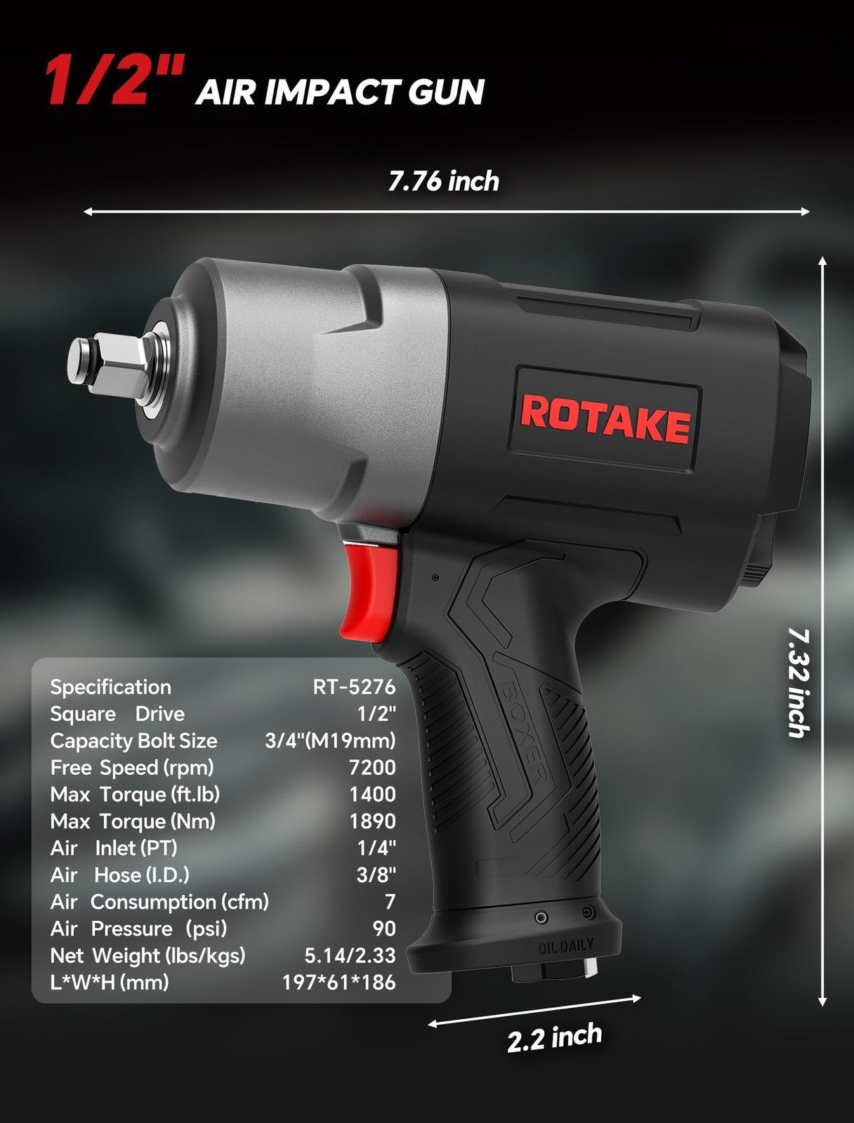 ROTAKE 1/2&Prime; Air Impact Wrench, 1400 ft-lbs, Twin Hammer, RT-5276