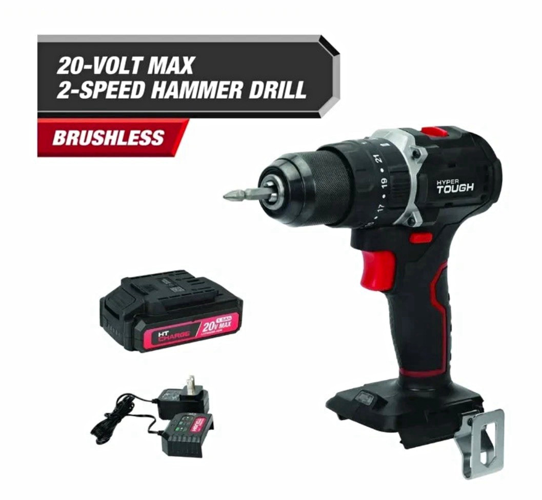 Hyper Tough 20V MAX Brushless 2-Speed Hammer Drill Kit 1.5Ah Battery/Chg
