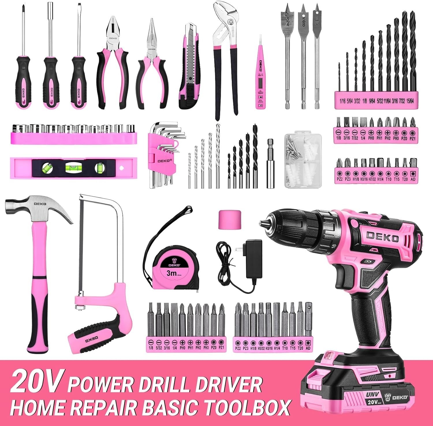 Power Drill Set Pink 20V Cordless Drill Tool Kit with Battery and Toolbox