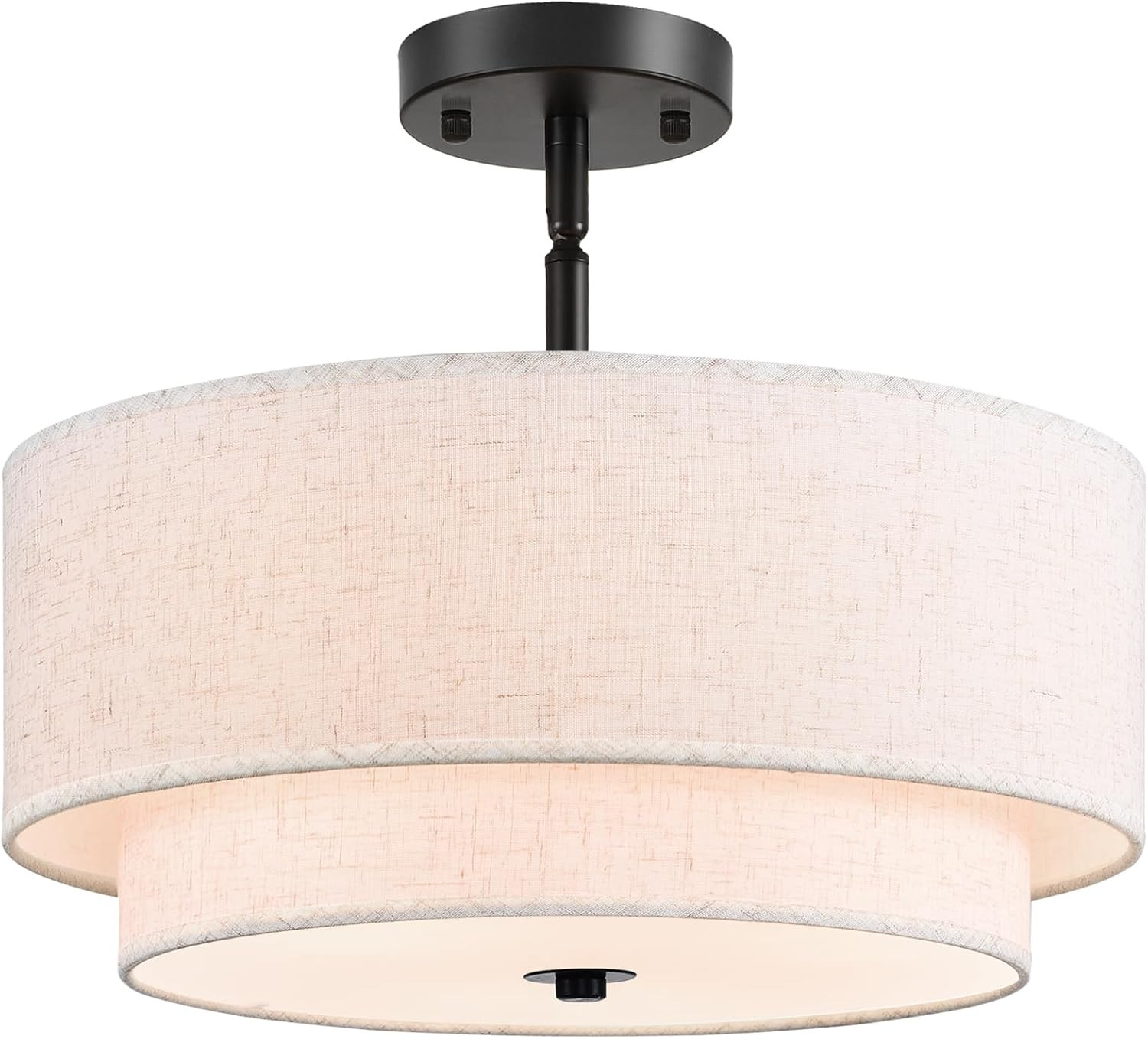 16&Prime; Semi Flush Mount Ceiling Light, Black 3 Light Double Drum Fabric Lampshade L