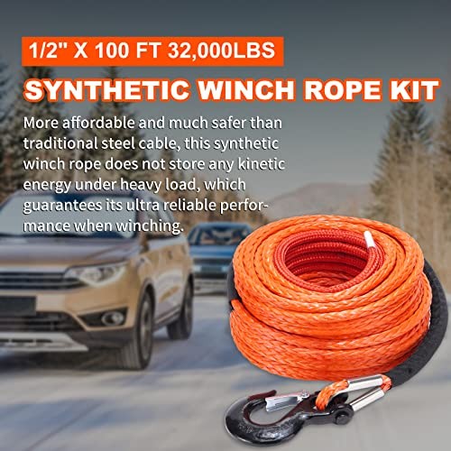 Synthetic Winch Rope Cable Kit: 1/2&Prime; x 100 ft 32000lbs Winch Line Cable 100ft