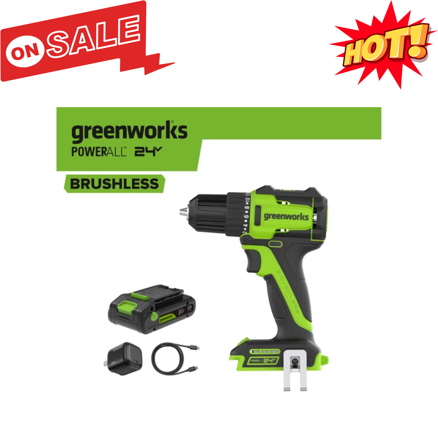 Greenworks 24V Brushless 3/8&Prime; Drill Driver Tool With USB-C PowerAll Battery
