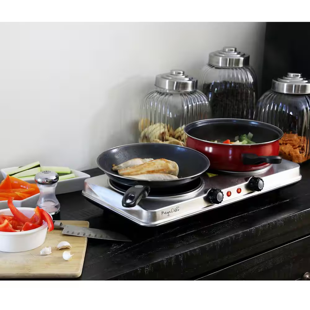 Portable 2-Burner 7.5 In. Sleek Steel Hot Plate with Temperature Control