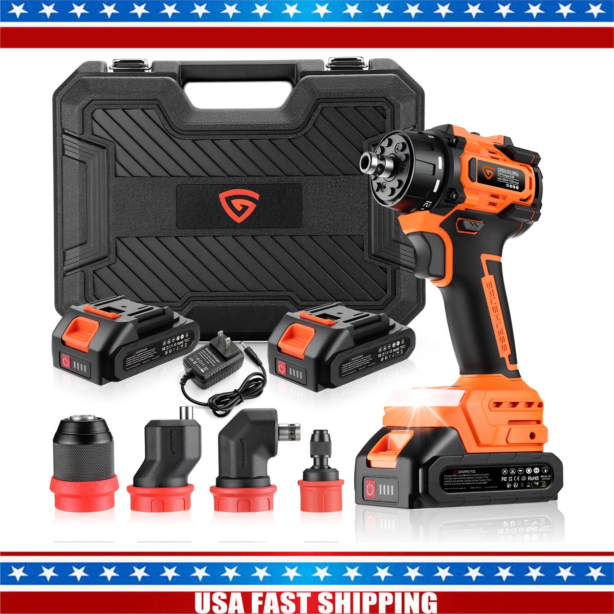 21V Cordless Impact Wrench High Torque 1/2&Prime; Brushless Drill with 2×2.0Ah Battery