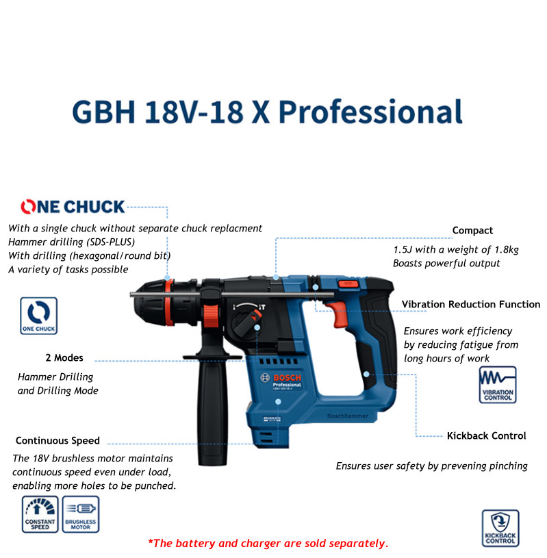 Bosch GBH 18V-18X BL Cordless Hammer Drill 1.5J 900rpm 5000bpm 2Modes*Bare Tool*