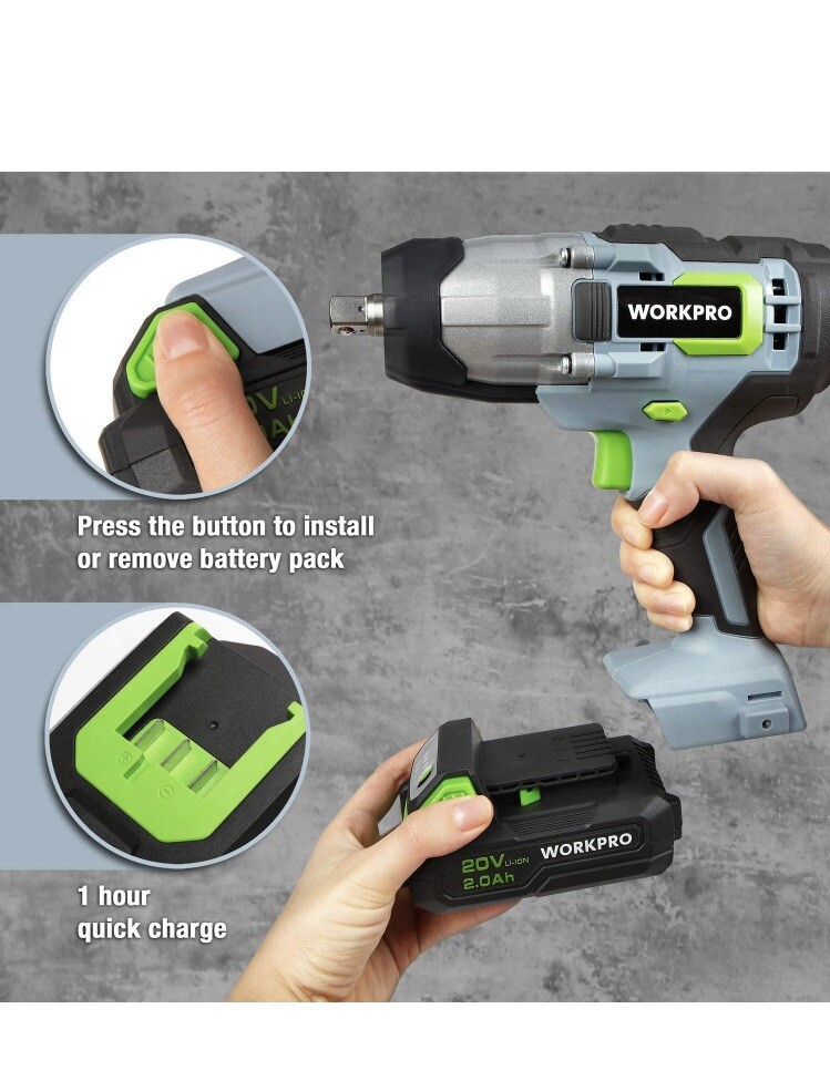 WORKPRO 20V Cordless Impact Wrench, 1/2-inch, 320 Ft Pounds Max Torque, 2.0Ah