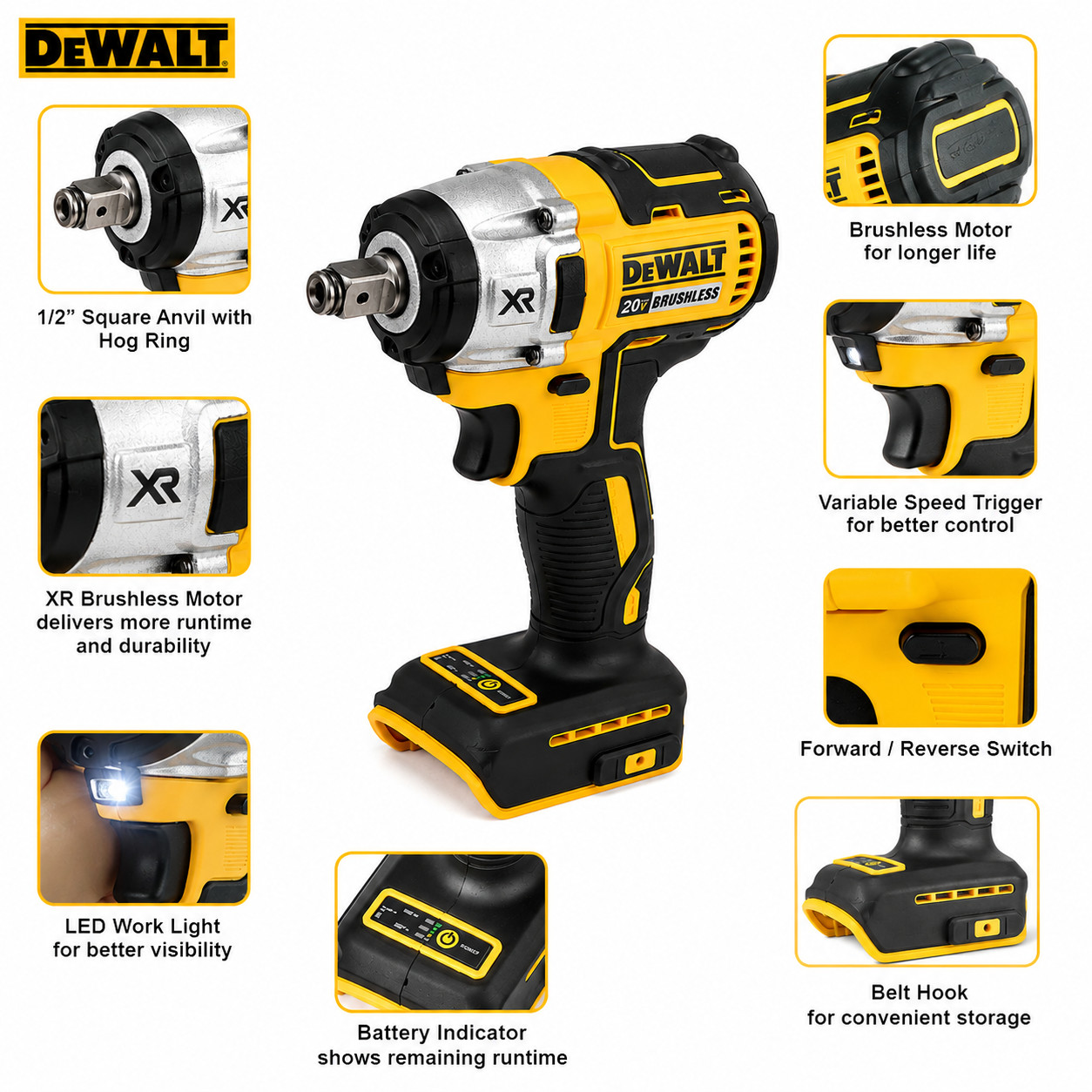 DeWALT DCF880 20V MAX XR Brushless Cordless 1/2&Prime; Impact Wrench Tool