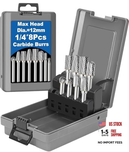 8Pcs Carbide Burr Set 1/4 Shank w/Grey Box Max Head Dia 12mm Die Grinder Bits