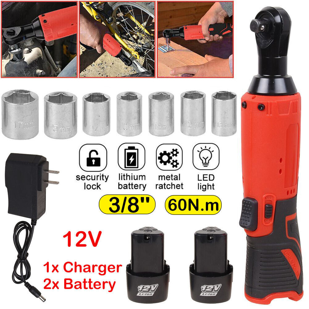 12V 3/8&Prime;&1/4&Prime; Electric Cordless Ratchet Wrench,45 ft-lbs w/ 7 Sockets 2 Battery