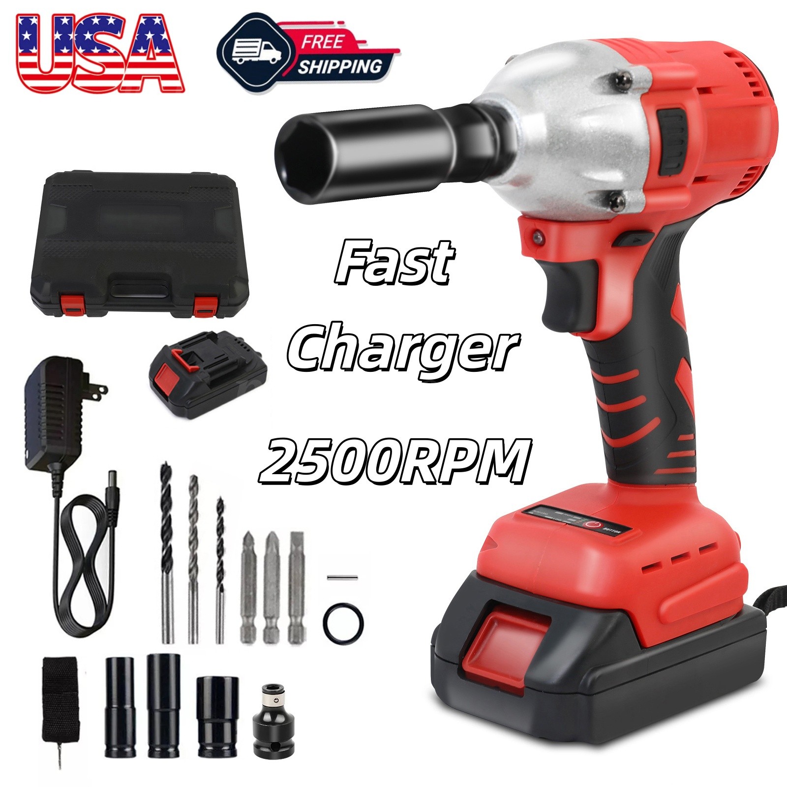 1/2&Prime;Cordless Impact Wrench Brushless Electric Hammer Drill With Battery &Charger