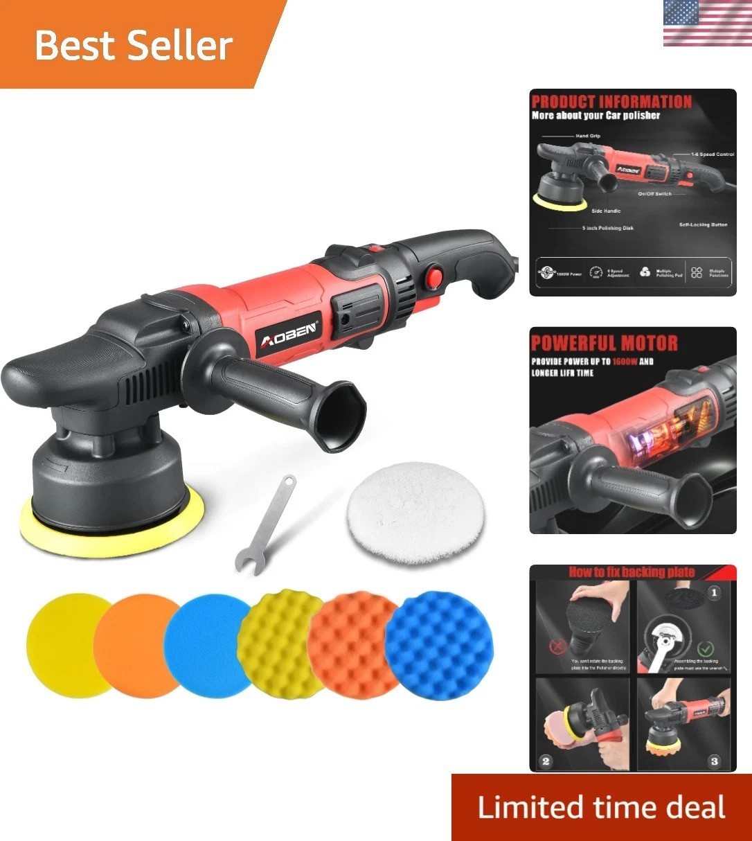 Long Orbit 16mm 5-Inch Polisher with Ergonomic Design – 7 Buffing Pads Included