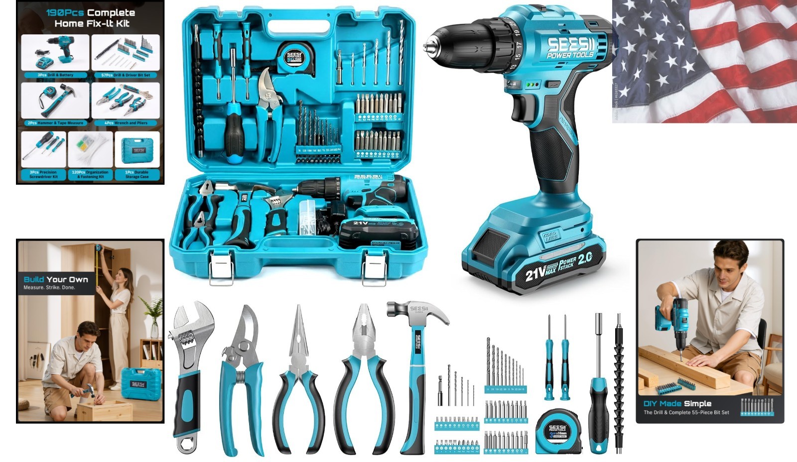 21V Power Drill Set, 190Pcs Tool Kit with Toolbox for Home DIY | 40Nm Torque,…