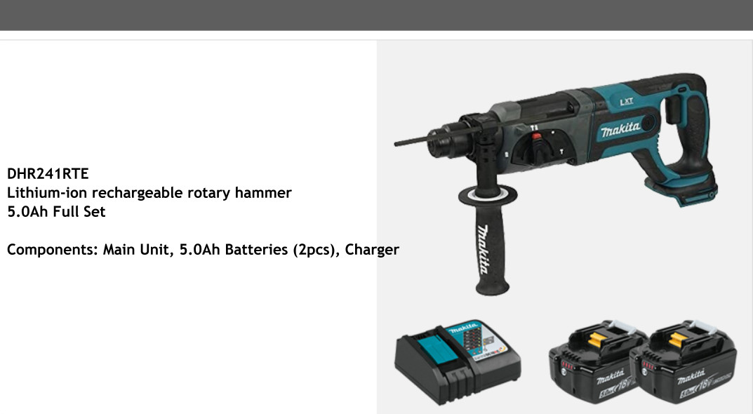 Makita DHR241 RotaryHammerDrill 5Ahx2 18V 1200Rpm 4000bpm 417mm 1.9J Charger220V