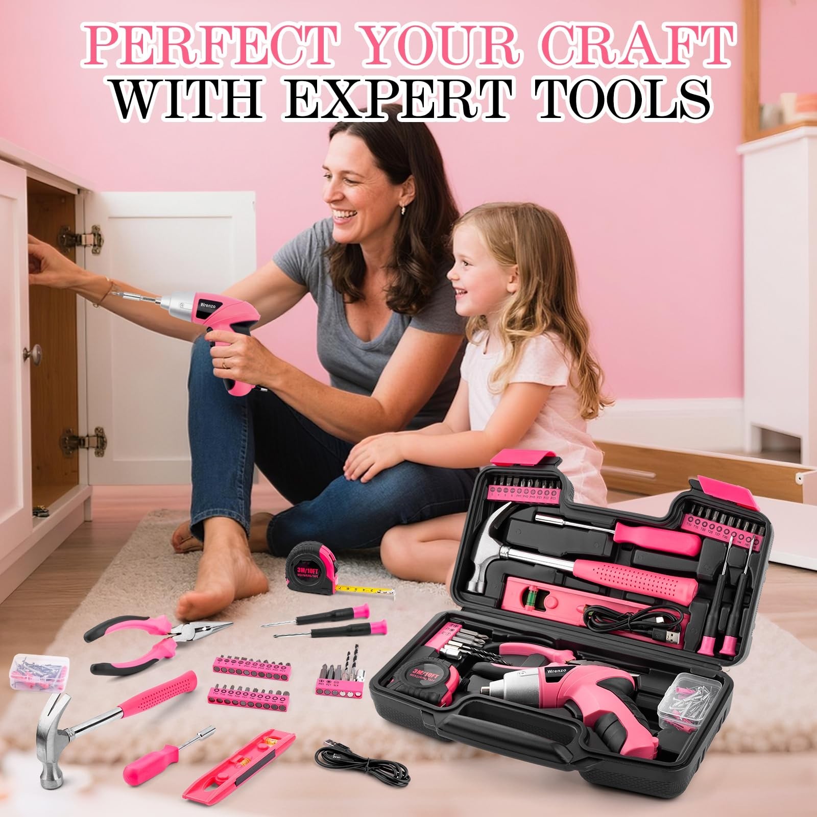 112PCS Pink Cordless Drill Set, 3.6V USB Rechargeable Tools, One-Hand Operation,